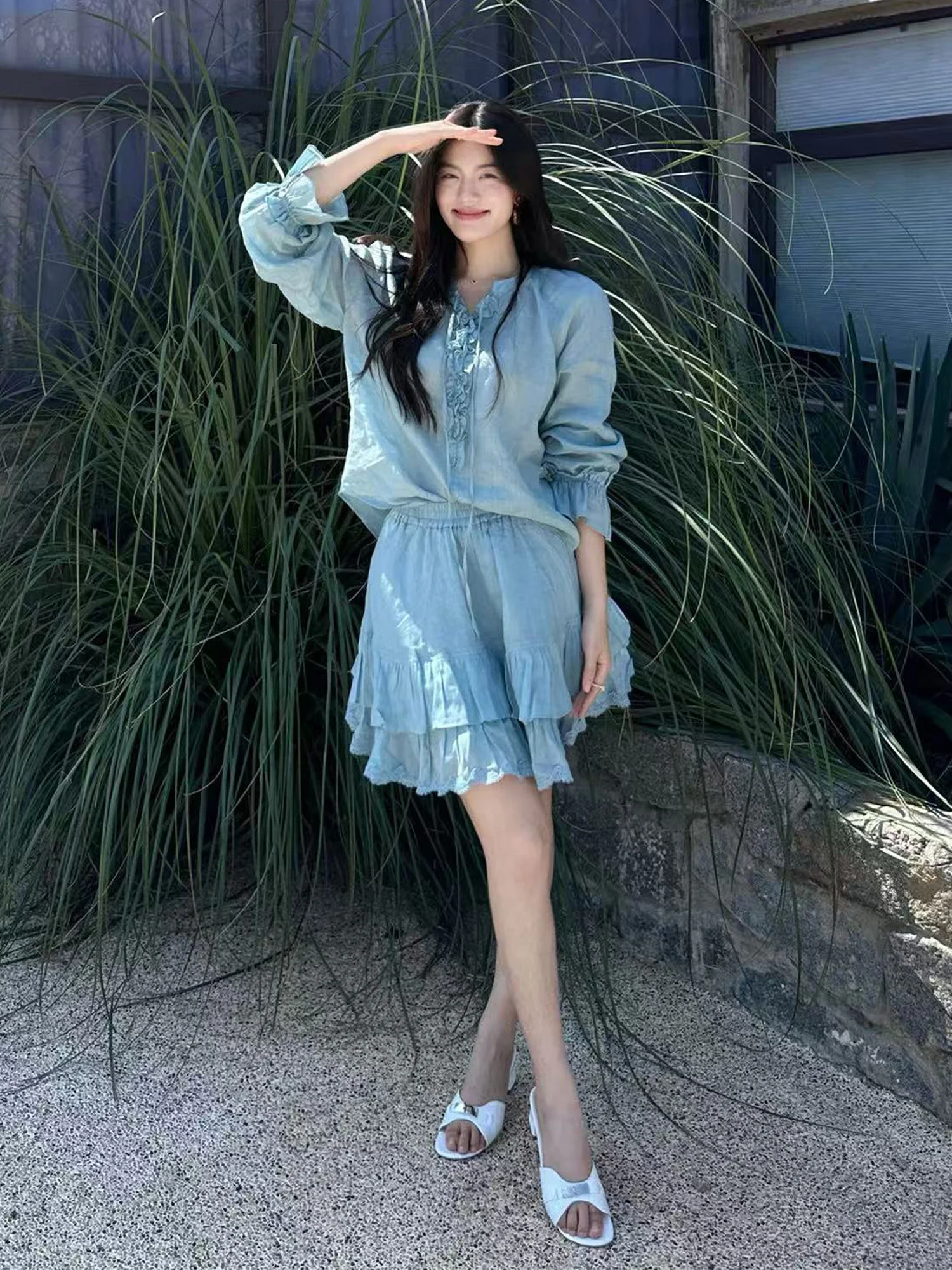 DUSHU 【Breathable Series】Summer Women's Linen Shirt Skirt Set Relaxed Fit Effortless Style Vacation Summer Getaways