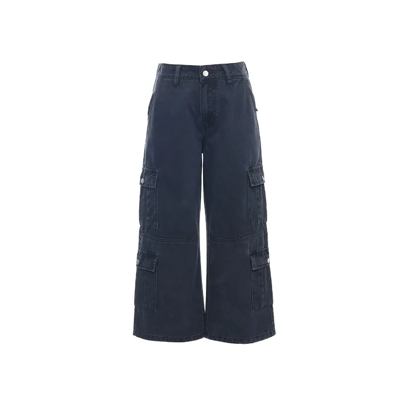 Vintage Y2K Women Cargo Cropped Denim Jeans 2‑Color Option Multi‑Pocket Loose Straight Leg Summer Daily Casual Street Trousers