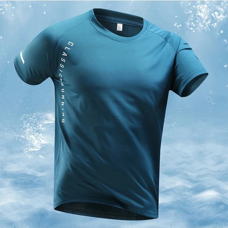 

Letter Print Men's Running T-shirt Summer Ice Silk Thin Top Reflective Printing Quick Dry Short Sleeve Breathable Fitness Tshirt