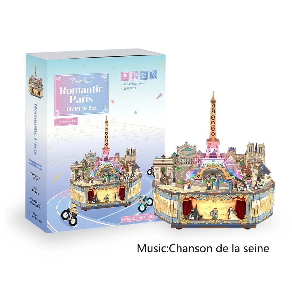 

DIY Wooden Assembly Music Box DIY Material Romantic Paris Light Up Musical Box Home Decorative Birthday Creative Gifts Valentine
