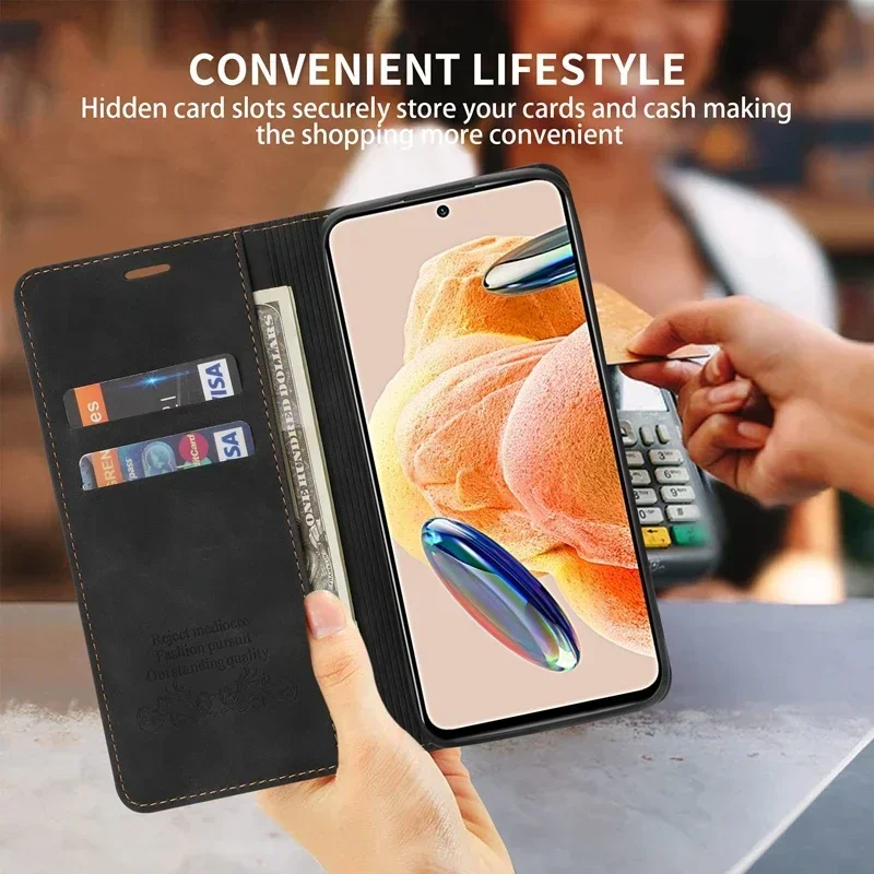 Wallet Skin-friendly With Card Slot Magnetic Flip Leather Case For Xiaomi Redmi Note 14 Pro Plus 13 Pro 12 12S 11 11S 10 9 8T 7