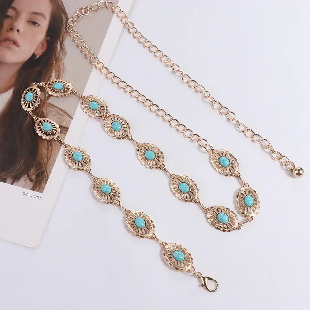 

Retro Vintage Beach Body Chain All-match Dress Accessories Turquoise Ethnic Style Bohemian Belts Metal Belt Women Waist Chain