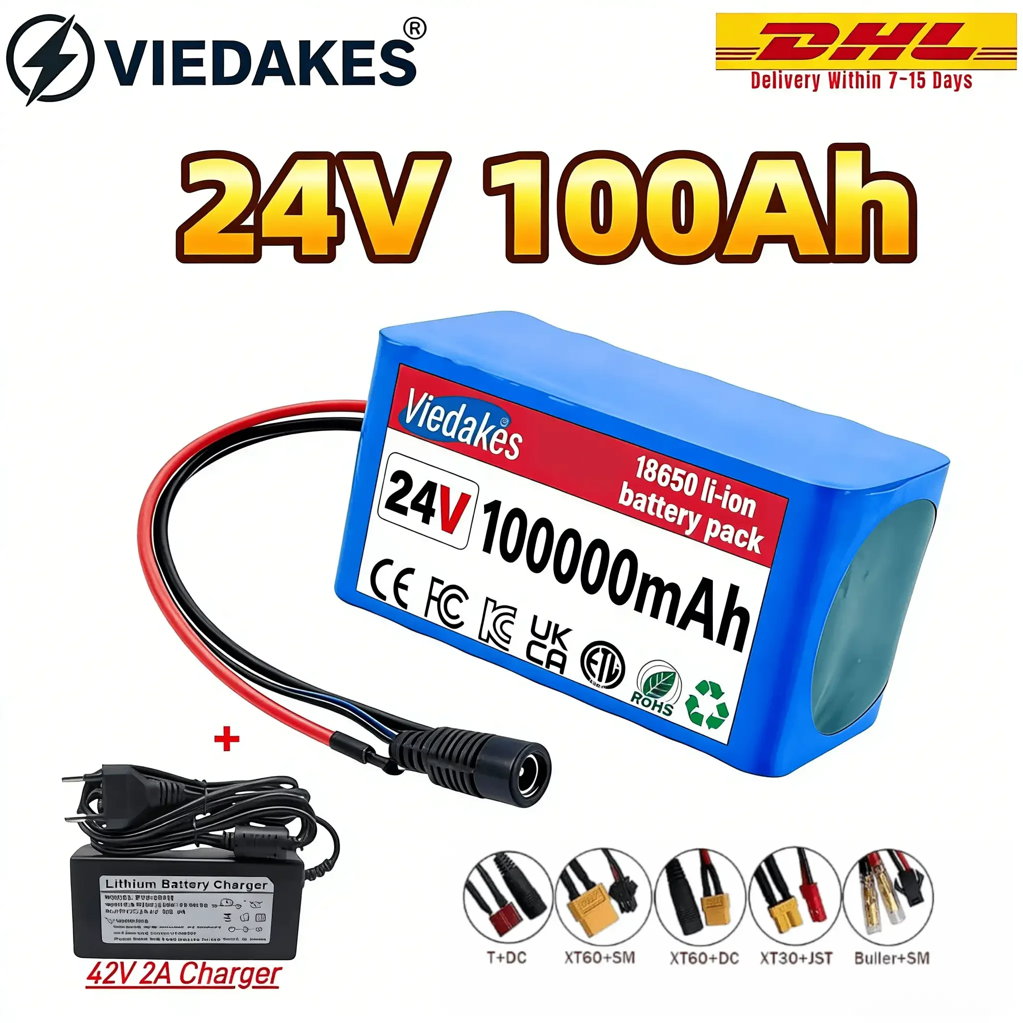 

Аккумулятор VIEDAKES 7S3P 24V 100Ah 18650 с зарядным устройством для электровелосипедов, широкая совместимость, длительный срок службы, 24В