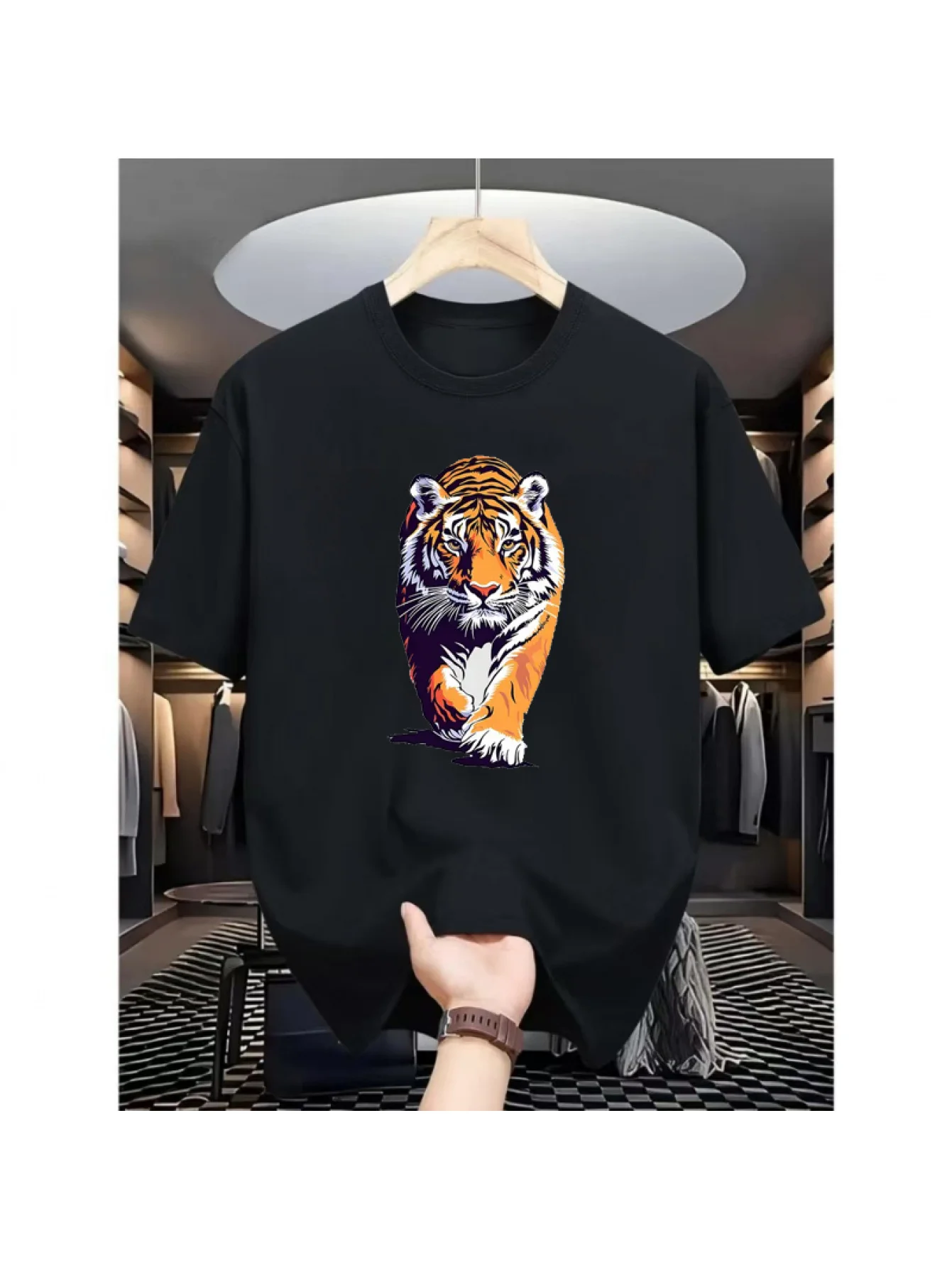 Vintage Men's Black Graphic T-Shirt Tiger Face Walking Wild Animal Bold Color Illustration Print 100% Cotton Heavyweight Short Sleeve Casual Streetwear Tee