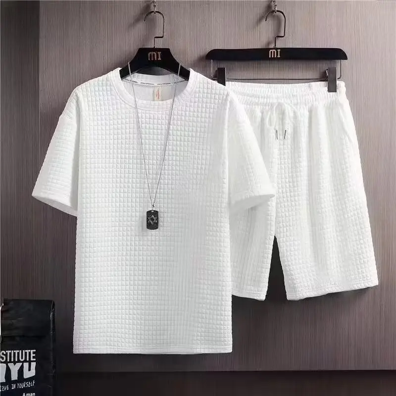 Conjunto de 2 piezas de moda coreana para hombre, chándales informales, ropa para correr, camiseta a cuadros + Pantalones cortos, conjunto de verano