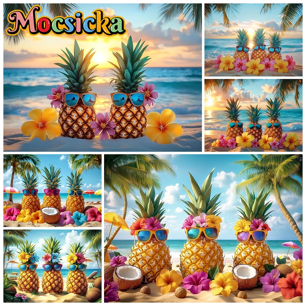 

Mocsicka Summer Ocean Beach Backdrop Photography Shooting Flower Pineapple Coconut Party Decors Portrait Background Photo Studio