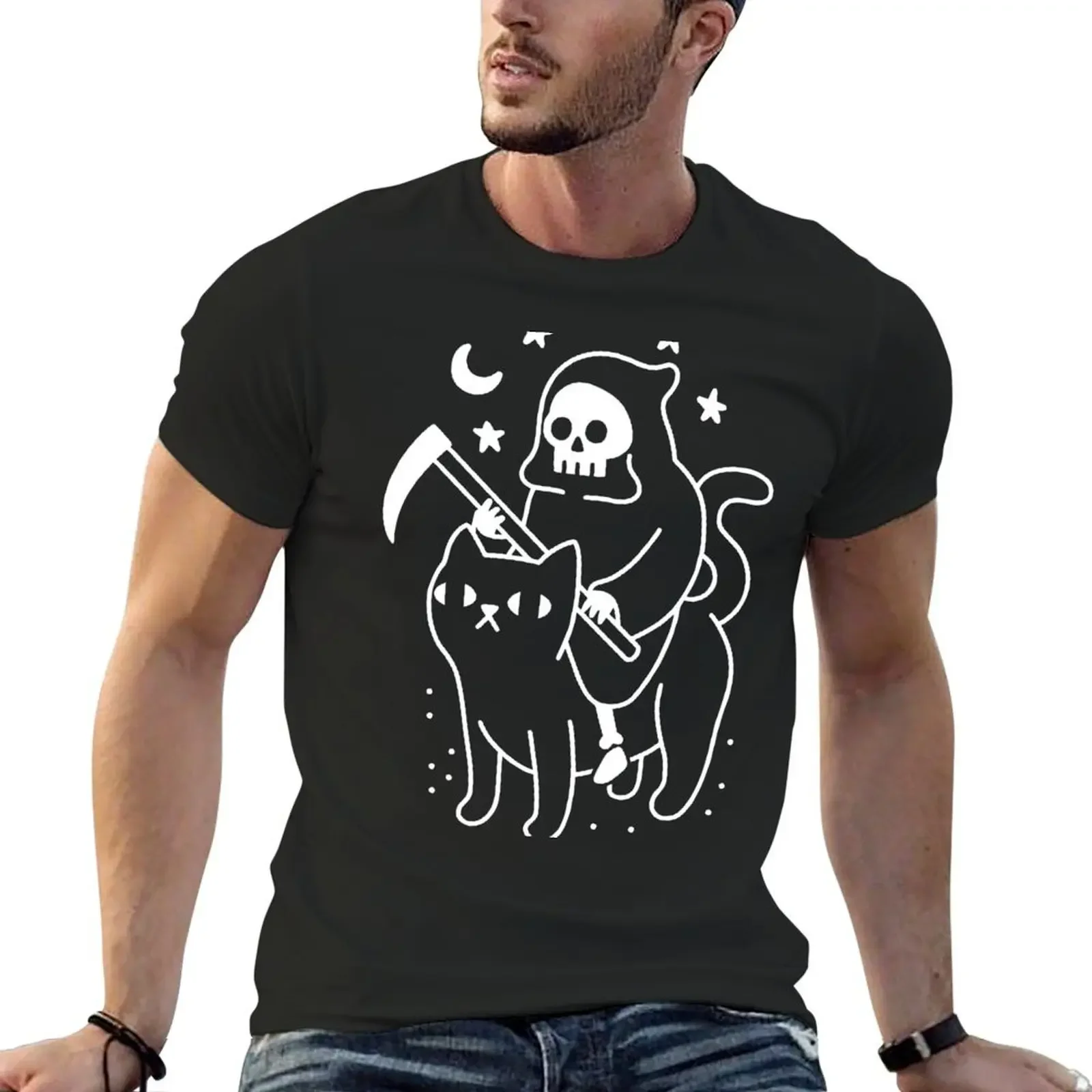 

Death Riding Black Cat T-Shirt plus size clothes cotton graphic tees blue archive summer clothes t shirts for men graphic