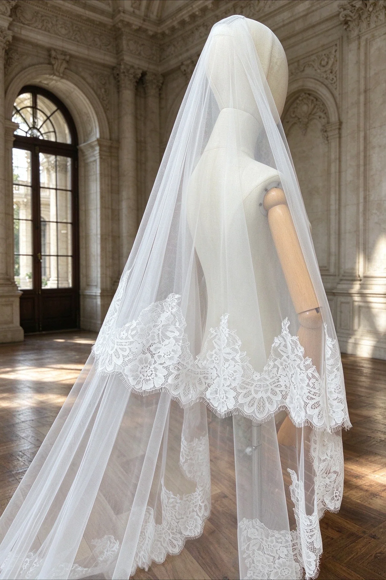 White Ivory 2-Tier Drop Wedding Accessories Bridal Veil with Blusher Floral Chantilly Lace Cathedral Wedding Veil