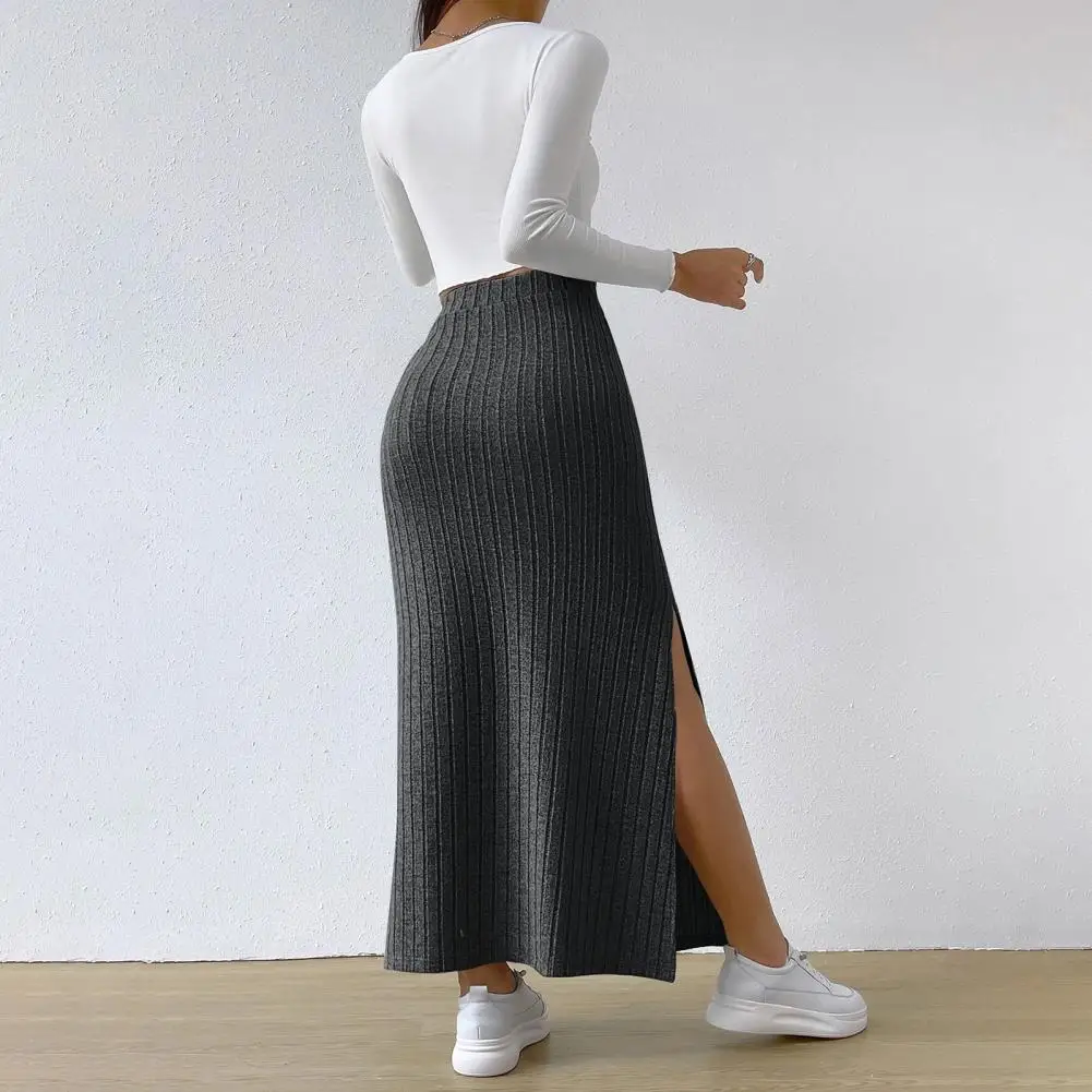 Solid Color Long Skirt Elegant High Waist Knitted Maxi Skirt for Women Warm Stylish Ankle Length Striped Skirt with for Fall