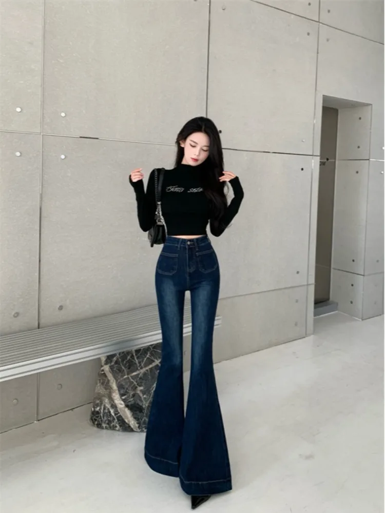 2025 Spring autumn New Dark Black High Waist Elastic Hip Lifting Looks Legs Long Jeans for Women