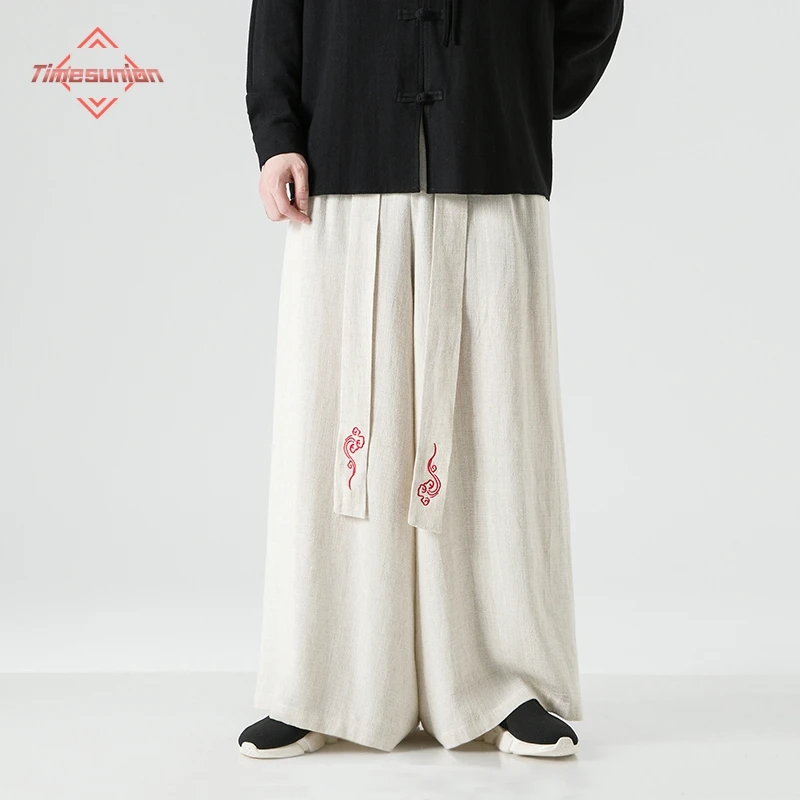 

Men Wide Leg Pants Mens Anti-wrinkle Joggers Retro Loose Trousers Man Chinese Style Pants Male Big Crotch Nepal Robe Pants