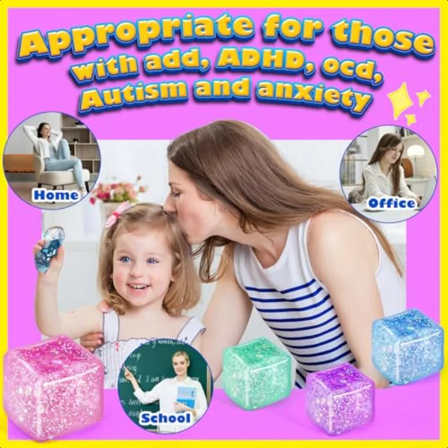 Squishy Fidget Toys for Adults: 4 Pack Cube Sensory Squeeze ToyLarge Size 2.16'' Str Anxiety Relief Balls Gifts for Girls Boys