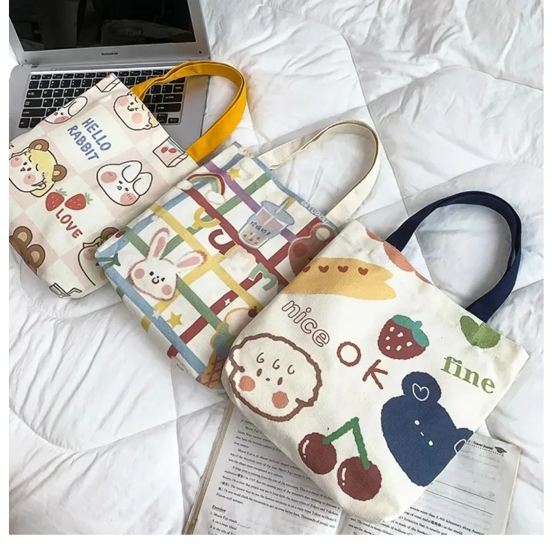 Casual Portable Reusable Shopping Bags Cute Cartoon Large Capacity Handbag Canvas Bags Knitting Tote Bag Fashion Women Hand Bags