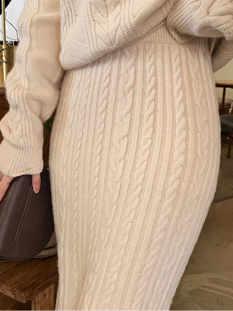 Autumn Winter High Quality Long Sleeve Knitted Loose Pullover Sweater +Women High Waist A Line Skirt Thicken Knitted 2 Piece Set