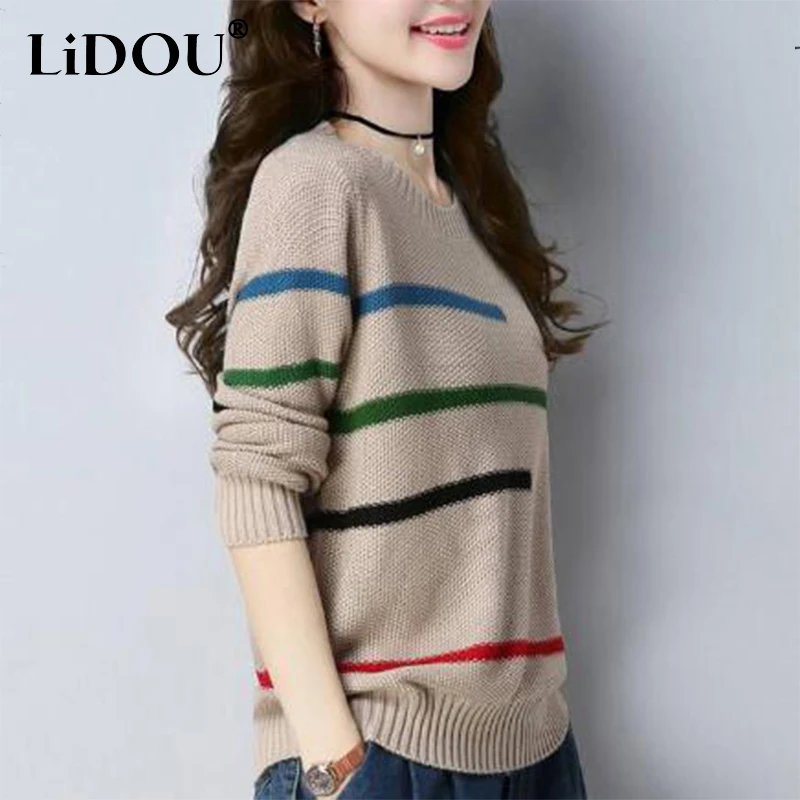 Spring Autumn Korean Style O Neck Simple Print Loose Casual Sweater Top Women Elegant Bottoming Knitting Pullover Female Clothes