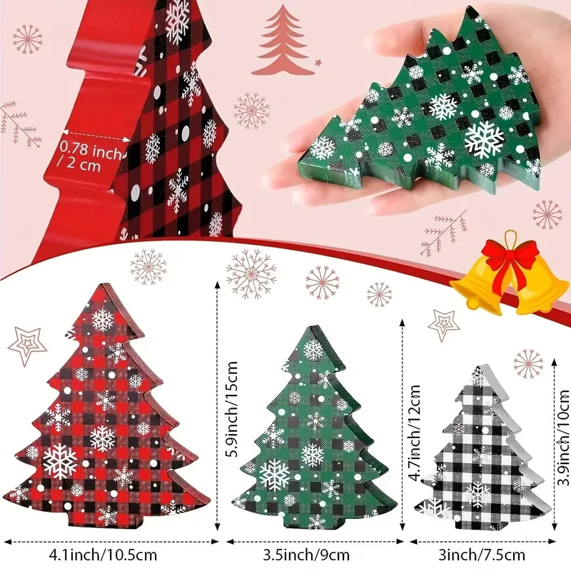 3 Piece Wooden Art Deco Christmas Tree Ornaments Red Black Landscape Patterns Stacked Self Standing Winter Easter Diwali Home