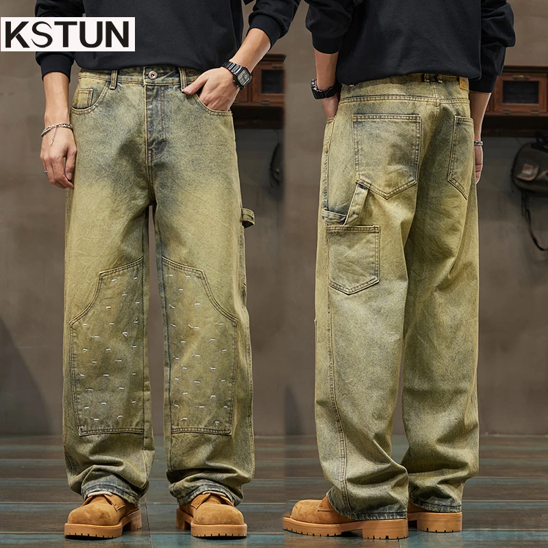 

KSTUN 2026 Spring And Autumn Vintage Men's Wide Leg Baggy Jeans Hip Hop Streetwear Loose Denim Pants Patchwork Embroidered Jeans