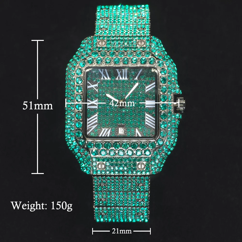 Orologio verde da uomo Orologi al quarzo da uomo Hip Hop con diamanti ghiacciati di lusso dal design accattivante con calendario Orologio luminoso Dropshipping