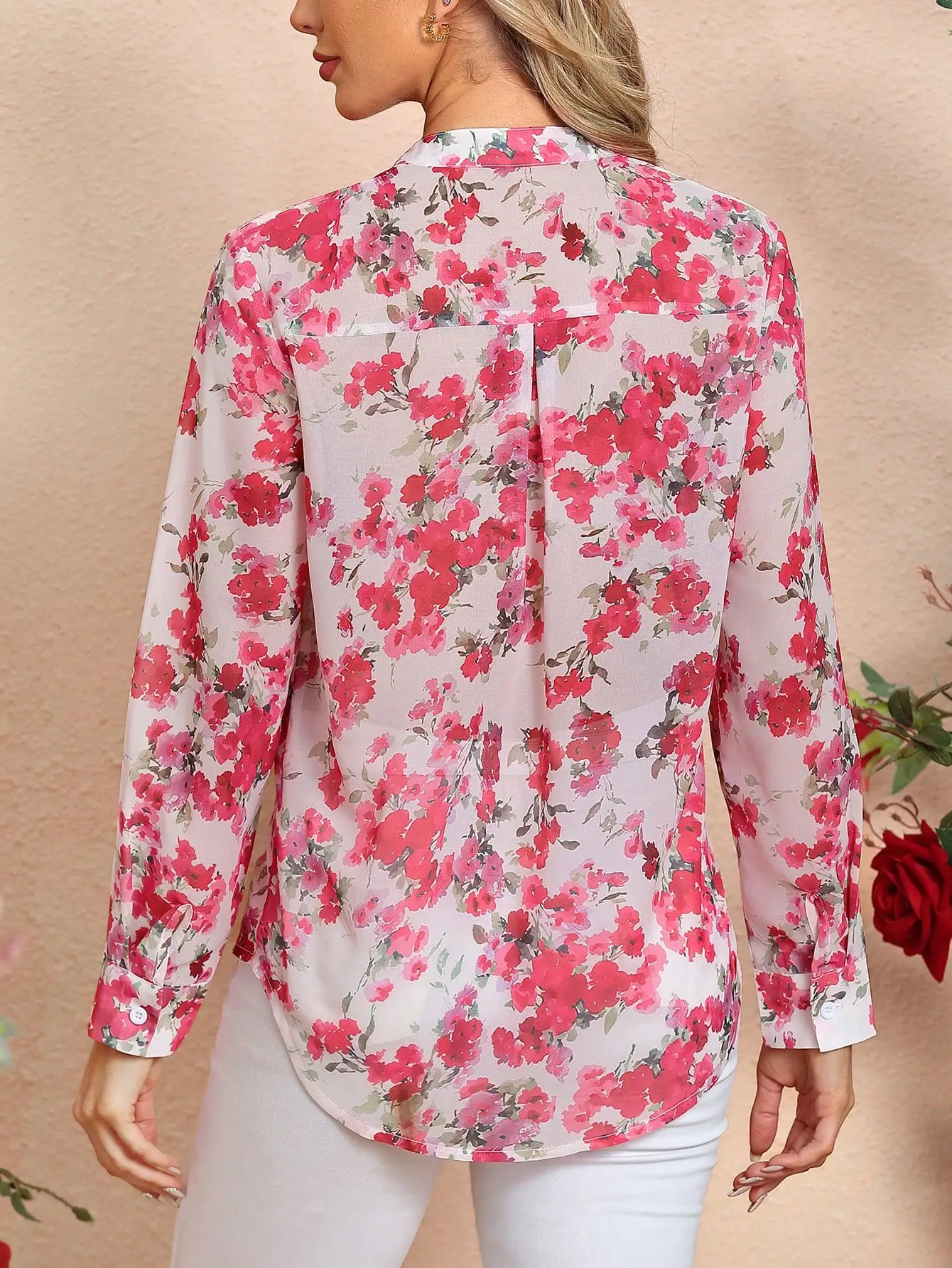 2024 Cross-border Europe and the United States casual style top floral long sleeve V-neck chiffon shirt