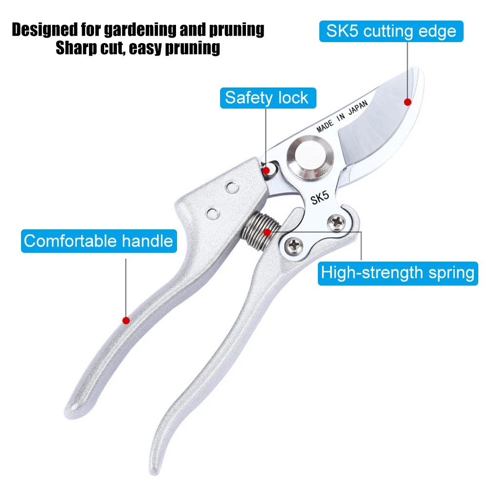 SK5 High Carbon Steel Garden Pruning Shears Hand Scissors Labor Saving Branch Cutting Tools Anti-slip For Plant Tree Pruning