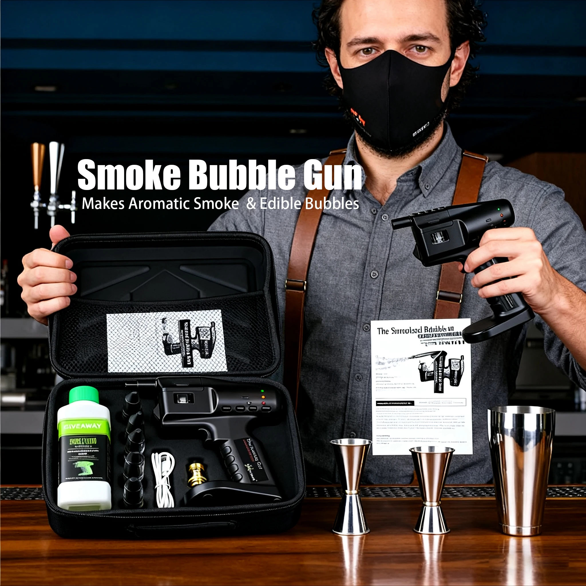 Cocktail Smoke Bubble Gun - USB Powered With 5-Flavor Aroma Liquid & Edible Bubbles For Cold Smoking Food & Drinks view 2