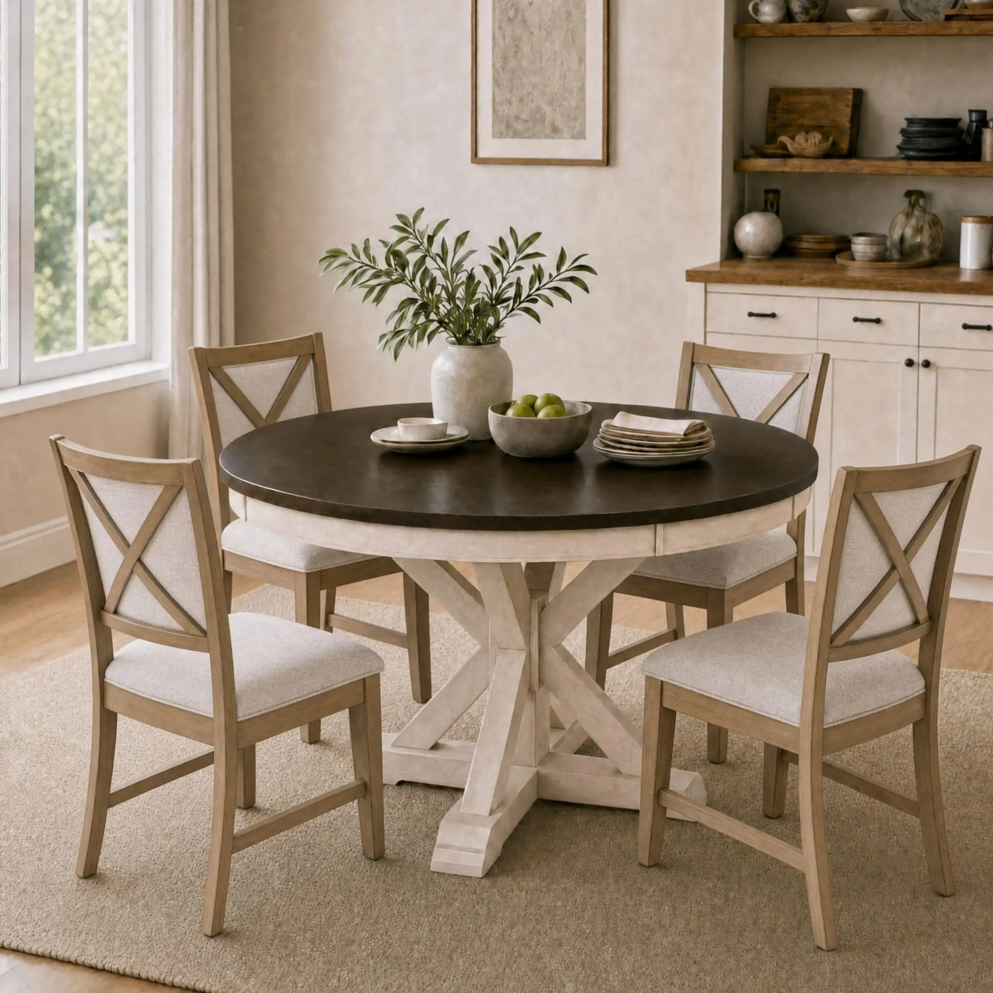 42-54 Inches Extendable Dining Table for 4-6 People, Oval Shape/Round Kitchen Table with Trestle Pedestal Base, Wooden