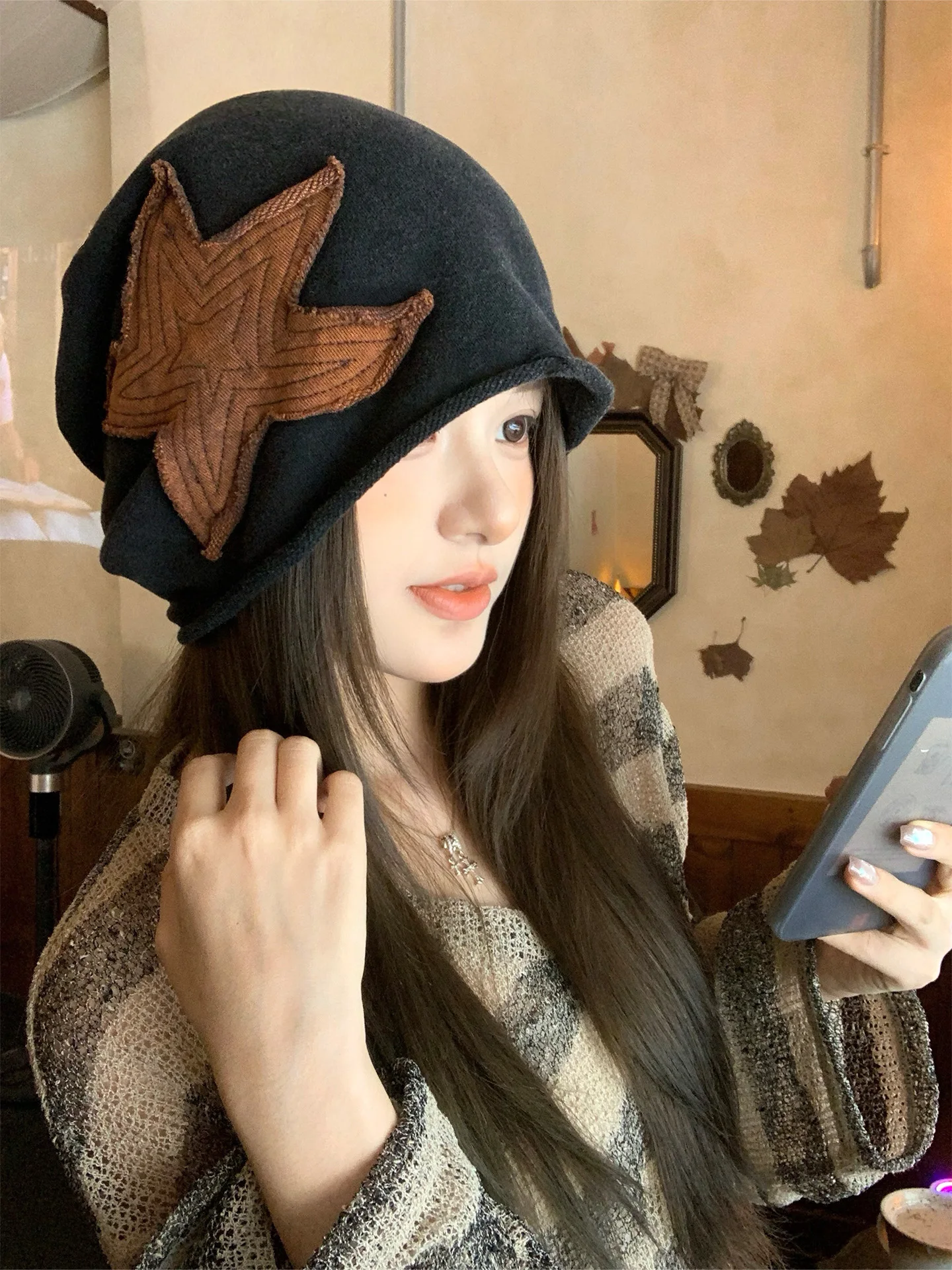 Retro Korean Style Star Embroidered Lazy Cold Cap Casual Versatile Women's Early Autumn New Style Foldable round Top Hat