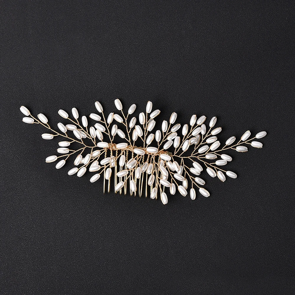 Crystal Pearl Hair Comb Clip Pin Alloy Leaf Hair Comb Handmade Headband Tiara For Women Bride Wedding Hair Accessories Jewelry