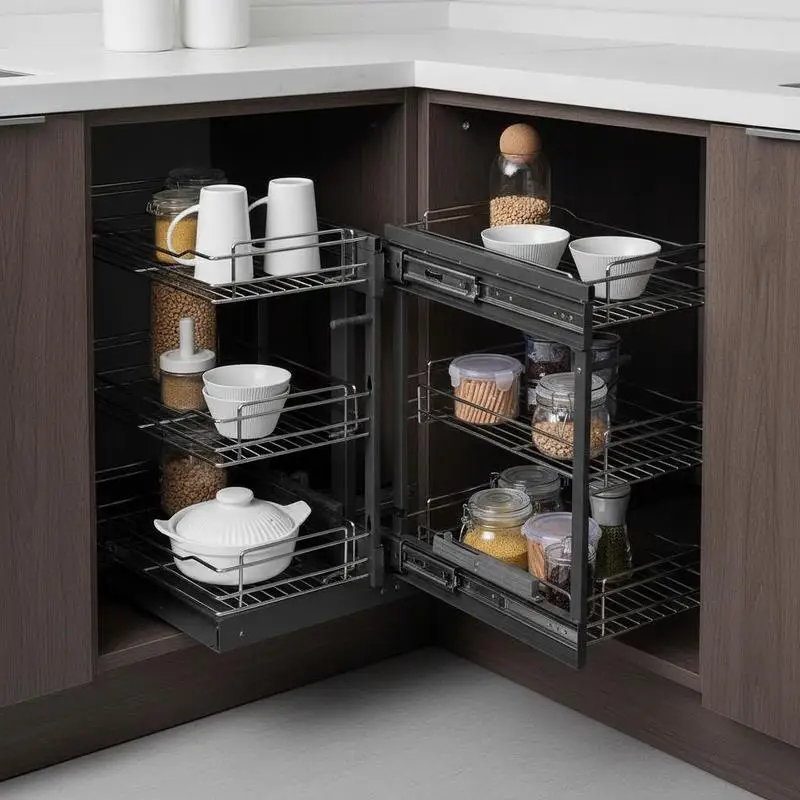 Organisateur coulissant d'angle pour armoire de cuisine, ouverture minimale de 38 cm. Structure à 3 niveaux et 6 paniers de rangement en acier au carbone chromé. Dimensions 605 × 455 × 630 mm, charge maximale 60 kg. Parfait pour optimiser l'espace de mes meubles