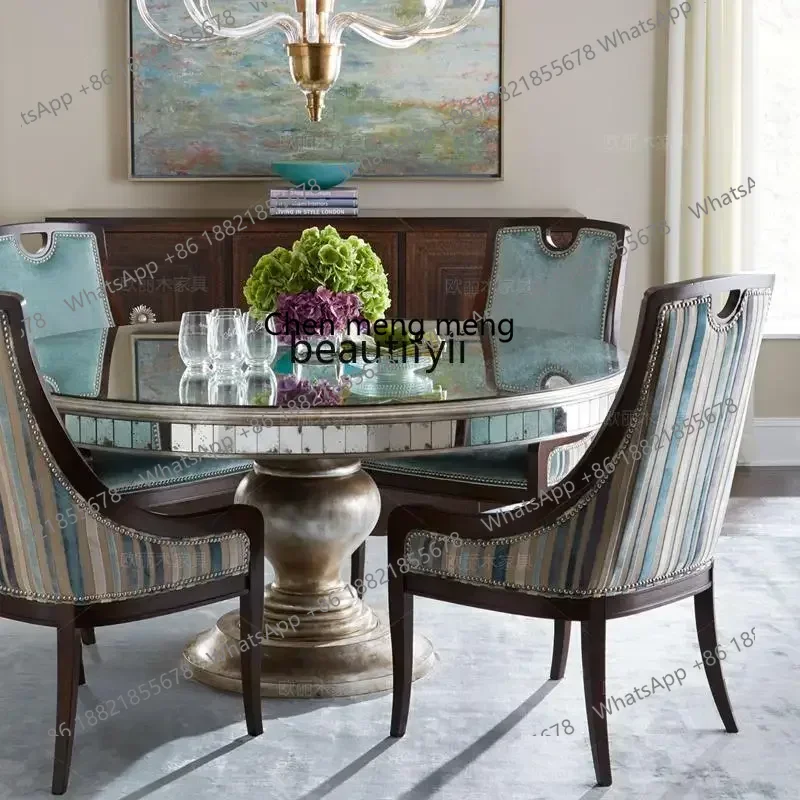 ss7486 American neoclassical dining table European solid wood mirror restaurant round dining table dining table New Light Luxury