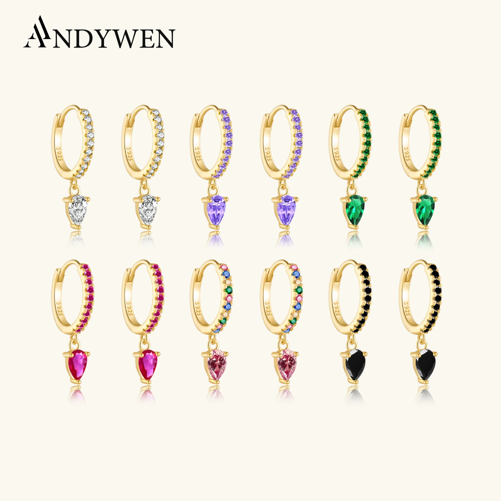 Andywen 100% 925 Sterling Silver Ovals Water Drop Earring Green Zircon CZ Circle Round Loops Crystal Women Piercing Ohrringe