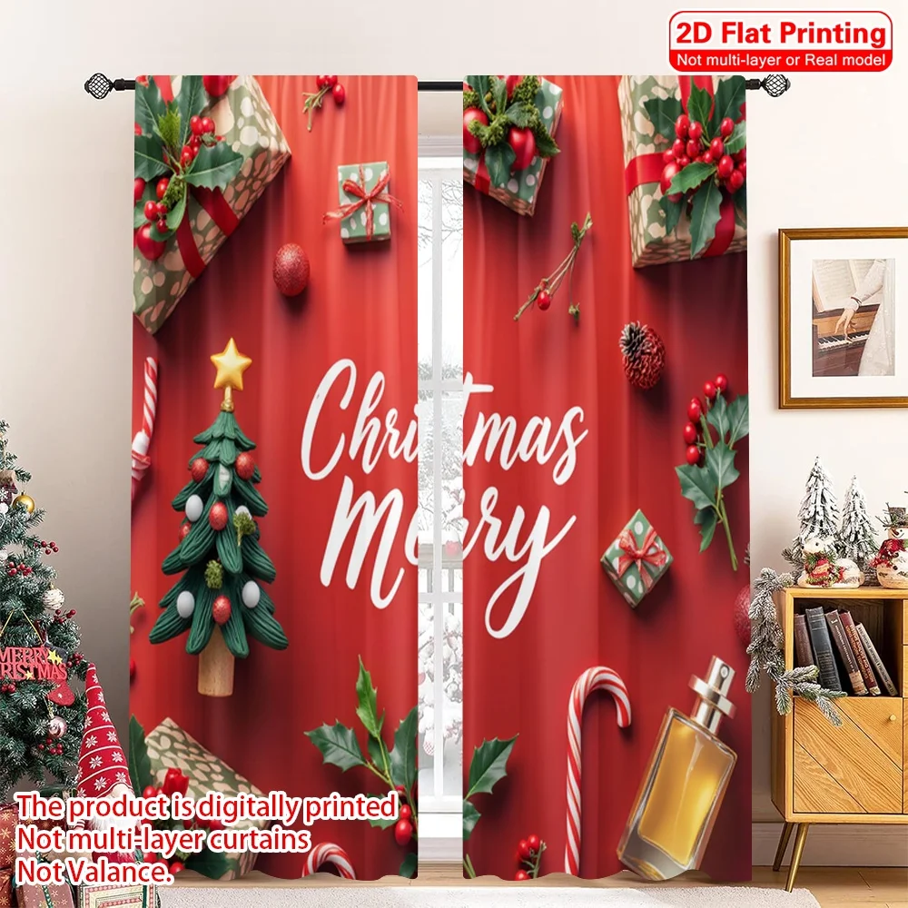 

2pcs 2D flat printing Christmas Window Curtains Christmas Merry Gifts Trees Fabric Without Electricity Birthday Party Perfect
