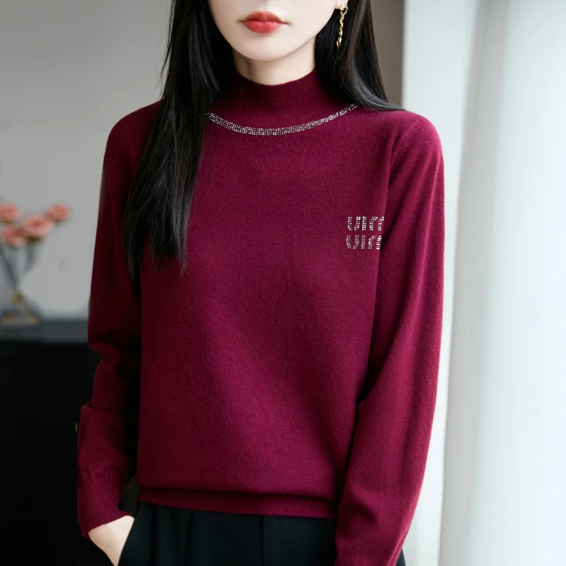 

2025 Autumn/Winter New Woolen Sweater Half High Collar Hot Diamond Sweater Round Collar Slimming Bottom Loose Thick Knitted Tops