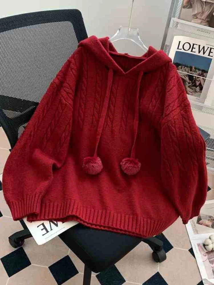 

Red Christmas New Year loose hooded pullover sweater women in autumn and winter vintage twists fashion knitwear top