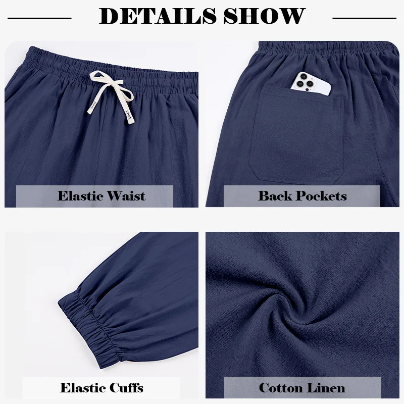 Europäische und amerikanische Freizeithose für Herren: Sommerliche Strand-Leinenhose in Übergröße mit Bündchen am Knöchel – Detail 19
