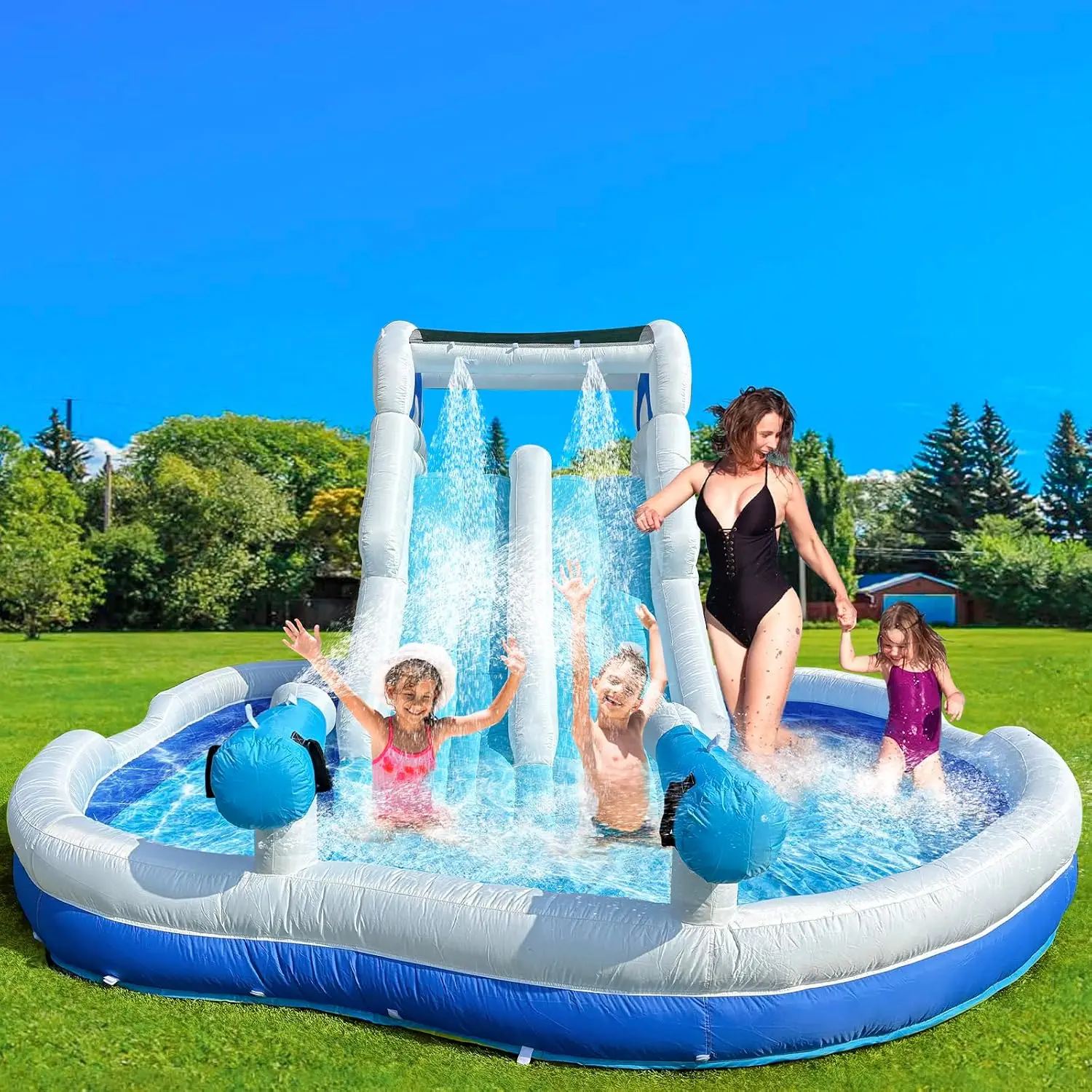 Inflatable Water Slide 17.7FT (L), Large Double Climber Inflatable Water Park for Kids 3-10, Huge Water Pool, Easy Setup & Inflation with Air Blower, Carrying Case, Water Pipe, Storage Bag, Blue