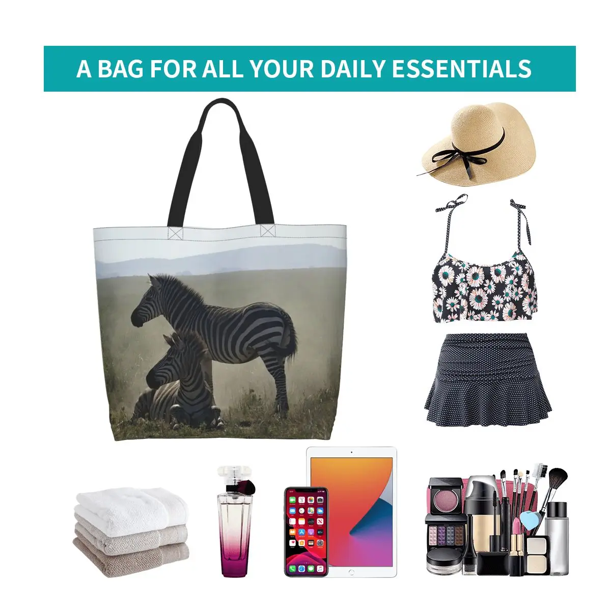 Zebras At Play Shopping Tote Bag Canvas Large Capacity Shoulder Bags Shopper Grocery Handbag for Women