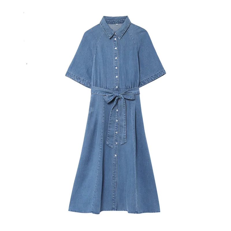 تنورة ماكسي جديدة بياقة قميص ورباط على الخصر من قماش الدنيم