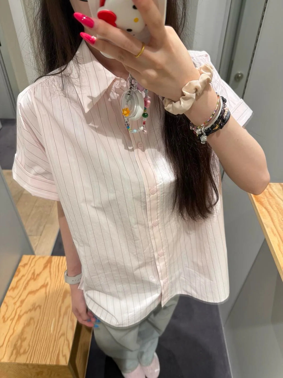 Camisa Feminina Casual de Algodão com Listras Verticais e Ajuste Padrão MOSA, Manga Curta, Solta, Respirável e com Colarinho que Absorve a Umidade
