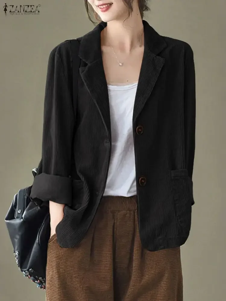 

ZANZEA FW 2025 Women's Corduroy Blazer Casual Elegant Notched Lapel Long Sleeve Patch Pockets Button Up Suit Jackets Commuting