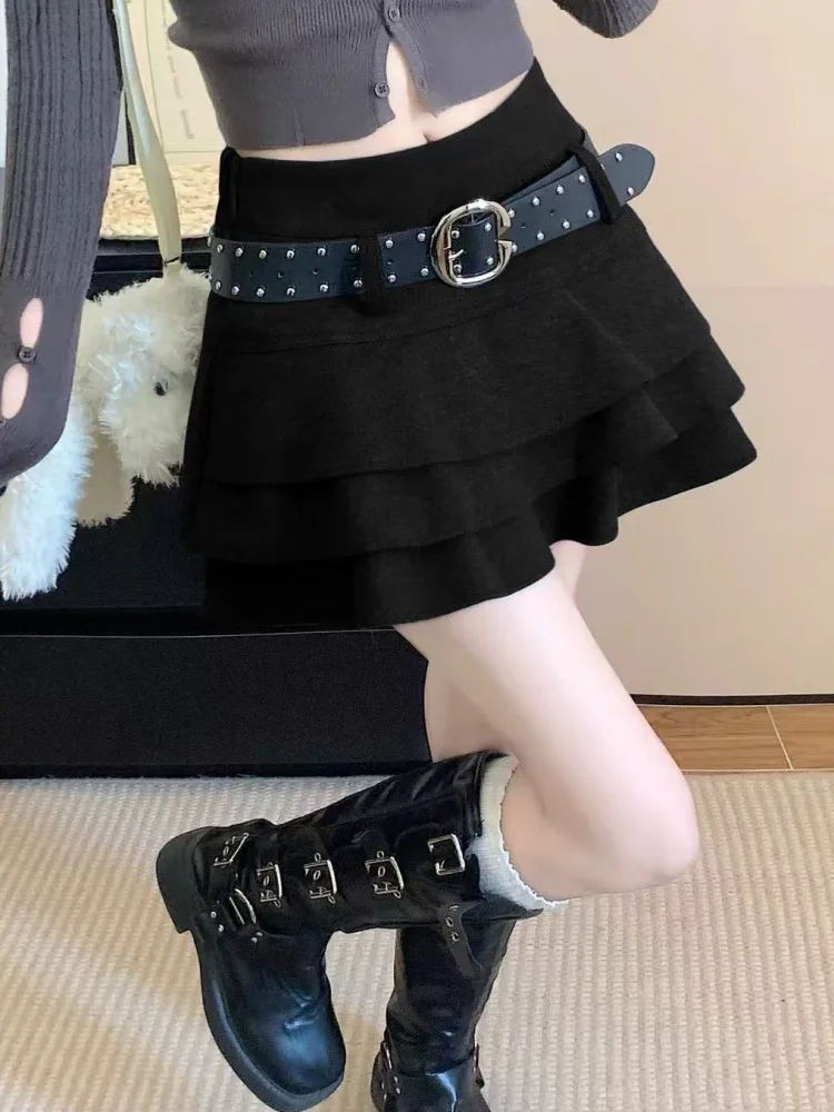 Falda de pastel de lana dulce para mujer, Falda corta plisada de cintura alta con volantes antideslumbrantes, corte en A, otoño e invierno