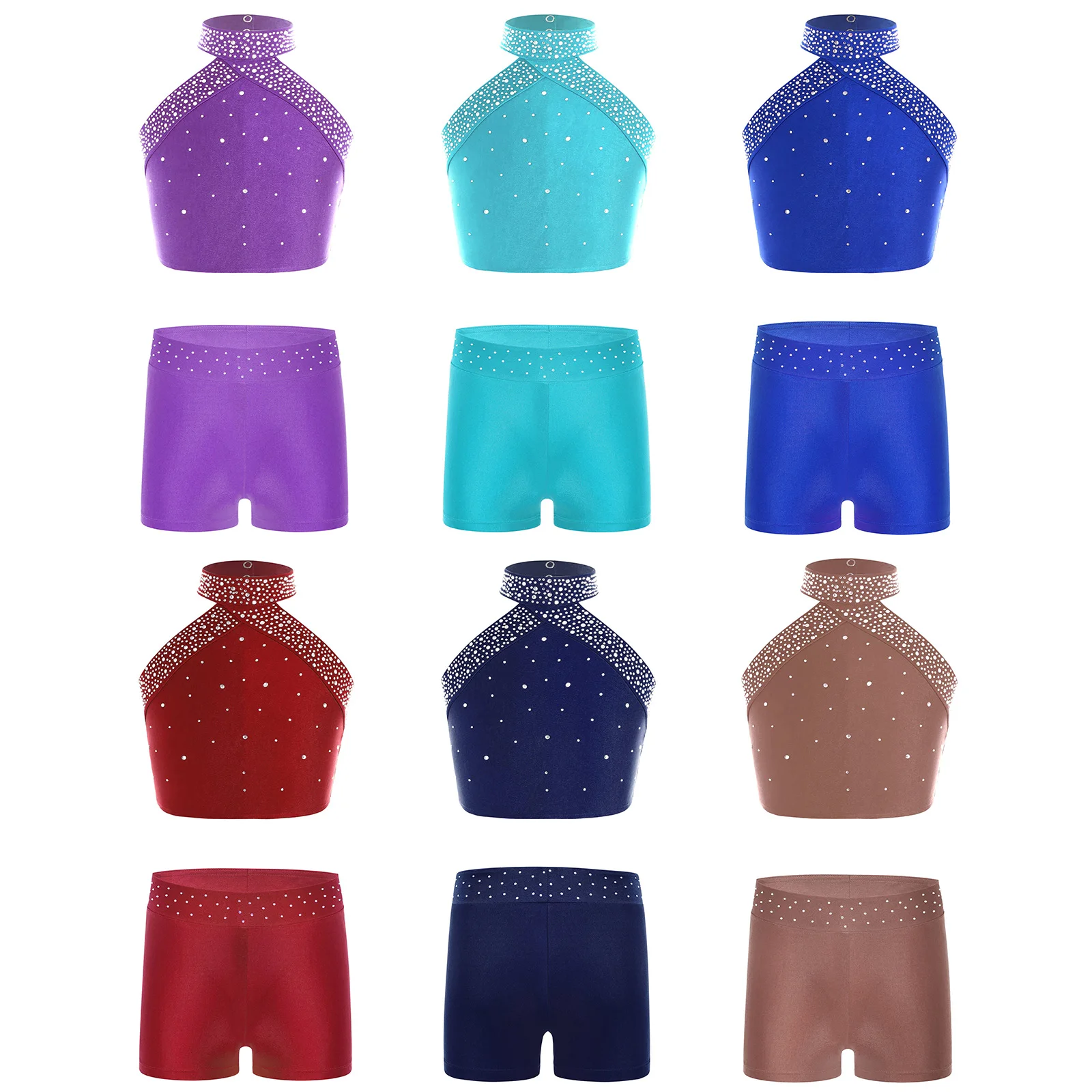 Girls Sparkly Rhinestones Lyrical Ballet Dance Dance Outfit Gymnastics Athletic Activewear Set Dancing Competition Performance