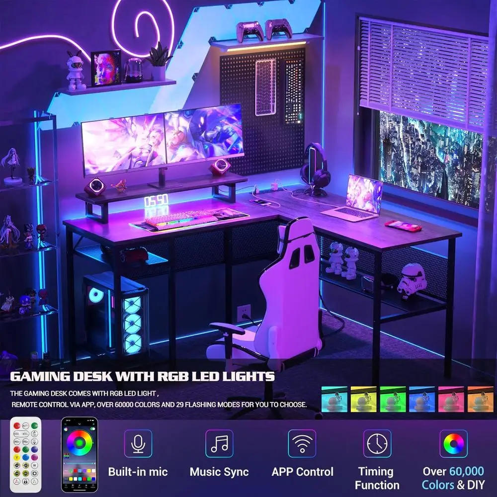 55 Smart LED, Magic Outlet L-Shaped Desk, Reversible Corner Office Gaming Table with Storage, Black Oak