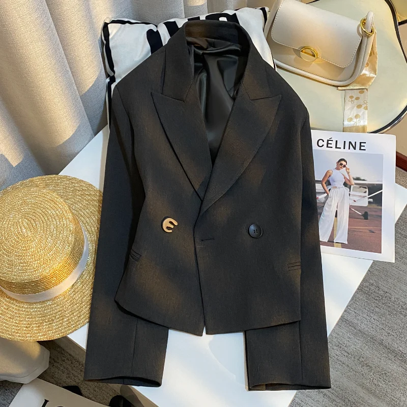 

Dark Gray Simple Commuter Short Blazer Women's Autumn Winter Loose Basic Long Sleeve High Quality French Lady Casual Suit Coat