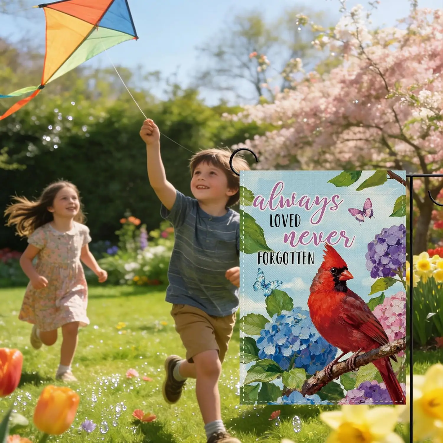 Always Loved Never Forgotten Memorial Decorative Garden Flag, Spring Summer Cardinal Hydrangea Flower Small Yard Outside Dec ZZM