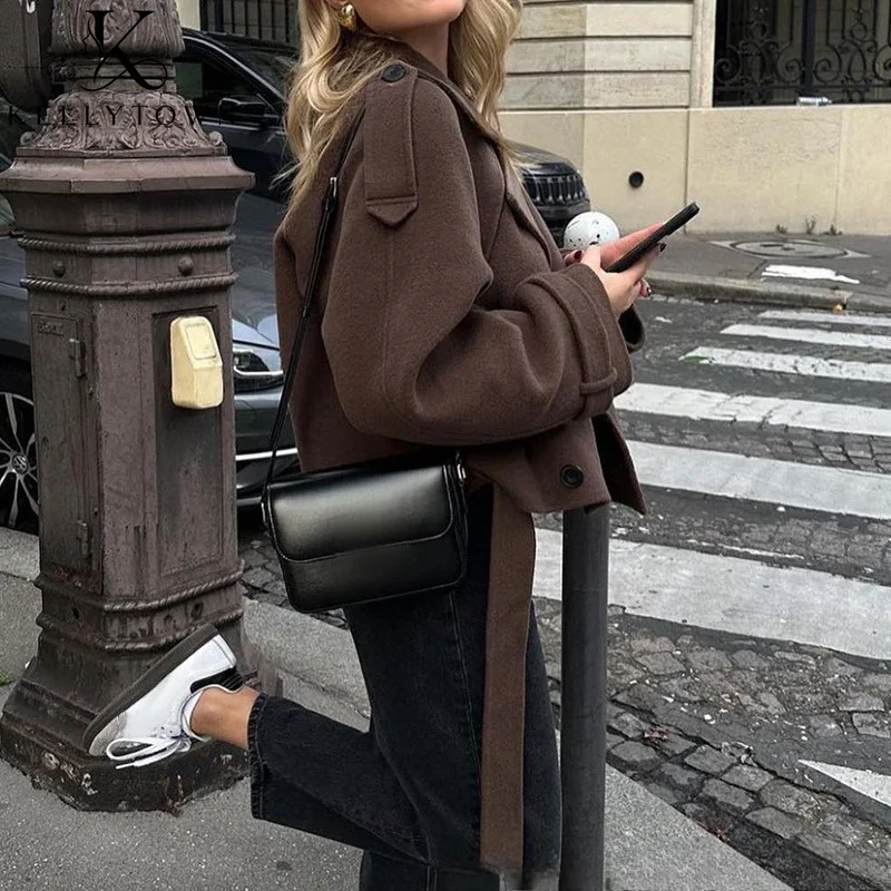 Chic Women's Wooled Crop Coat Turn Down Collar Oversized Jacket Warm Winter Women Fashion 2026 Streetwear Belt Outerwear Tops