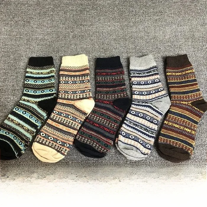 Retro Ethnic Style! 5 Pairs Pack! Rabbit Wool Blend! Men's Unisex  Autumn Winter Mid-Calf Socks Anti-Bacterial Striped