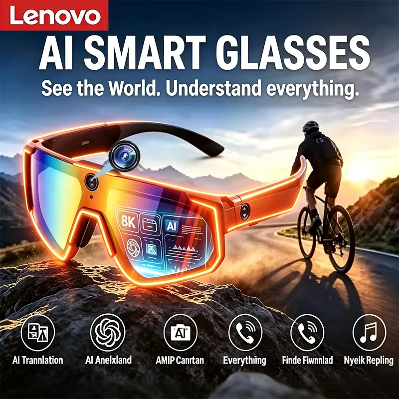 Lenovo AI Smart Glasses ChatGPT 8K HD Camera 2400W Anti-shake Cycling Video&Photo Sport Sunglasses DualMic Windproof Goggles NEW