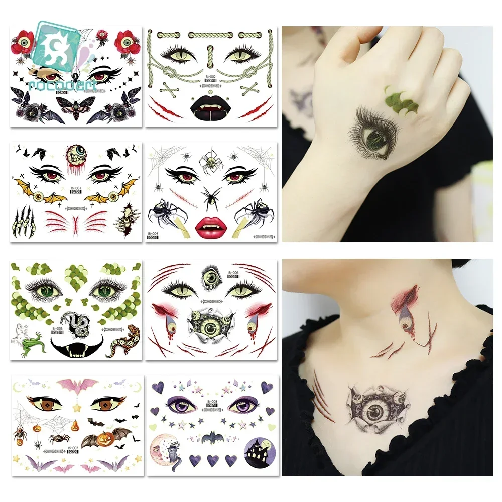  Halloween Tattoo Face Temporary Tattoo Stickers For Kids Luminous Vampire Fake Tattoos Mouth Eyes Makeup Party Stickers