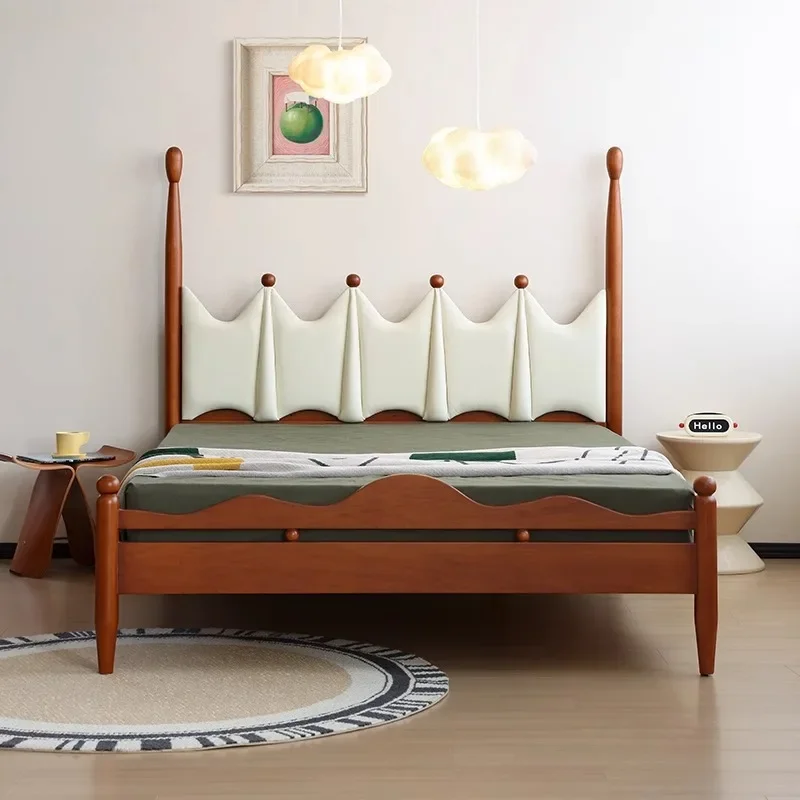 

Solid wood children's bed, Nordic retro technology leather leather soft bag bed